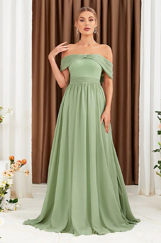 Birthday Dresses for Celebration -Green A-Line Off the Shoulder Chiffon Long Prom Dress