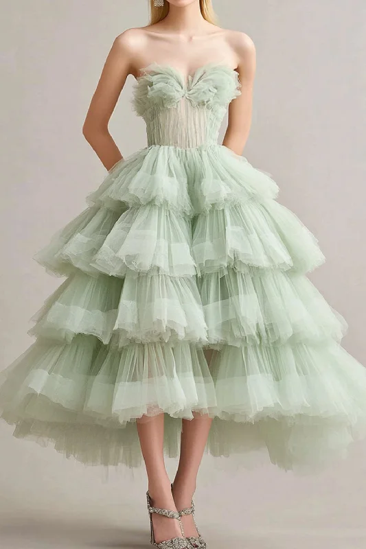 Striped Dresses for Fashionable -A Line Sage Strapless Tiered Ruffles Tulle Formal Dress