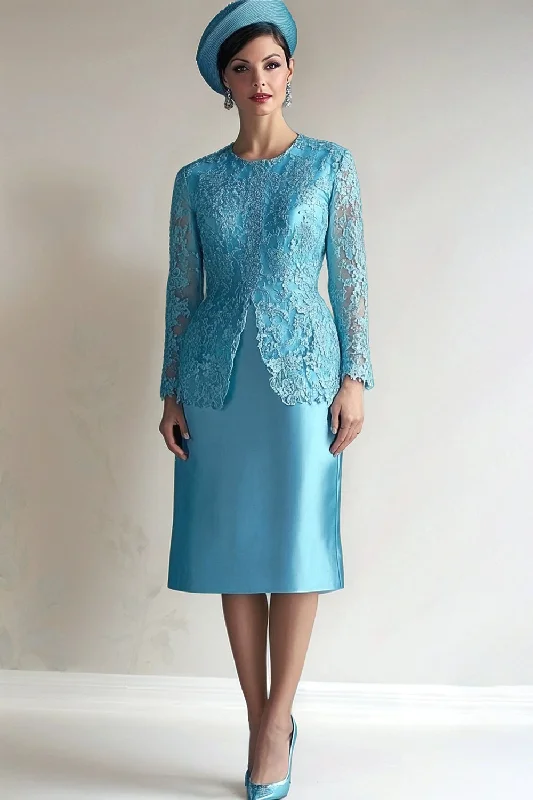 High-waisted Dresses for Flatter -Blue Sheath Long Sleeves 2 Piece Mother of The Bride Dress