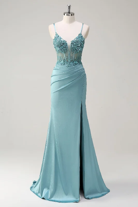 Birthday Dresses for Celebration -Sparkly Blue Mermaid Corset Prom Dress with Slit