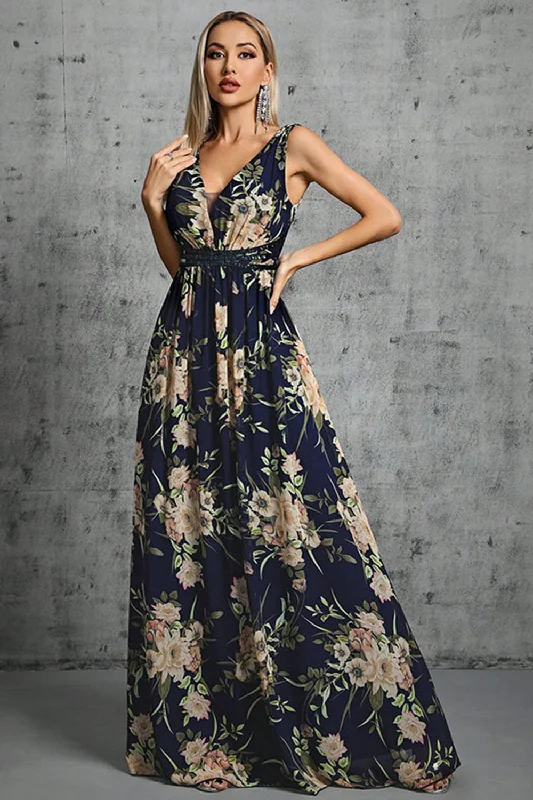 Floral Dresses for Romantic -Navy V Neck A Line Printed Flower Chiffon Formal Dress