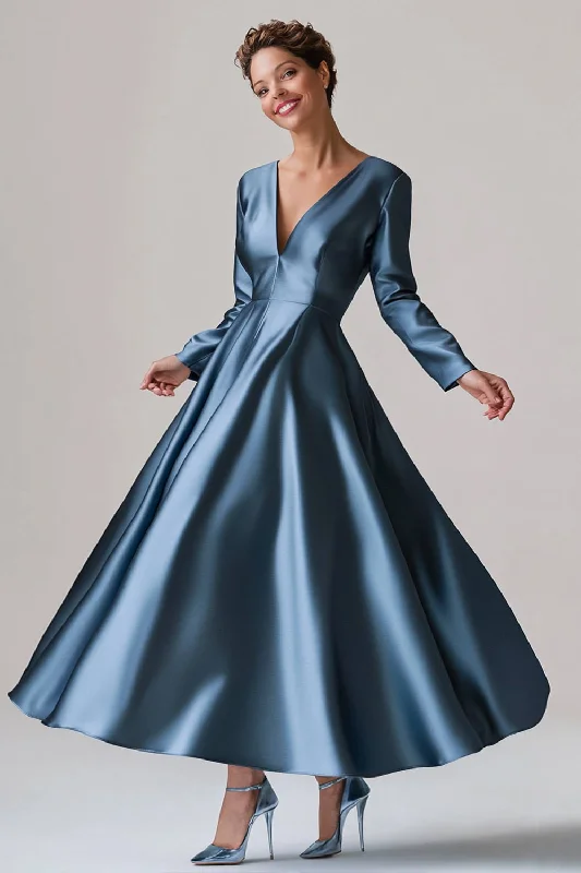 Lace Dresses for Delicate -Blue A-Line V Neck Long Sleeves Satin Long Mother Of The Bride Dress