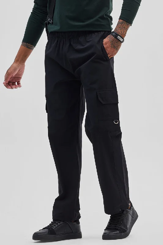 Cargo Pants with Cargo Pockets for Roofers -Black Relaxed Fit Parachute Pants