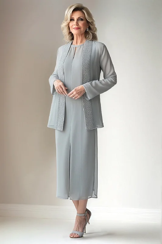 Abstract Dresses for Creative -Light Grey Sheath Round Neck 2 Piece Mother of The Bride Dress