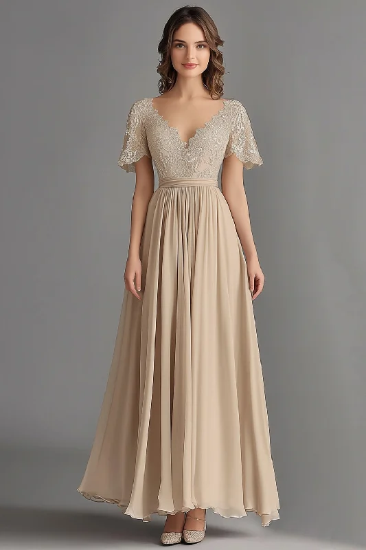 Capri Dresses for Playful -Champagne V Neck Appliques A Line Pleated Mother of the Bride Dress