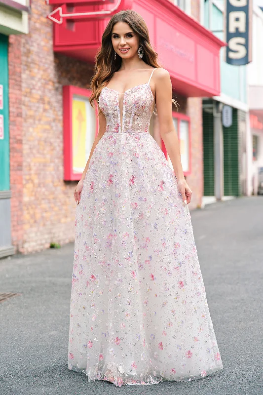 Embroidered Dresses for Detailed -Stylish Pink A Line Spaghetti Straps Floral Beaded Prom Dress with Lace Up Back