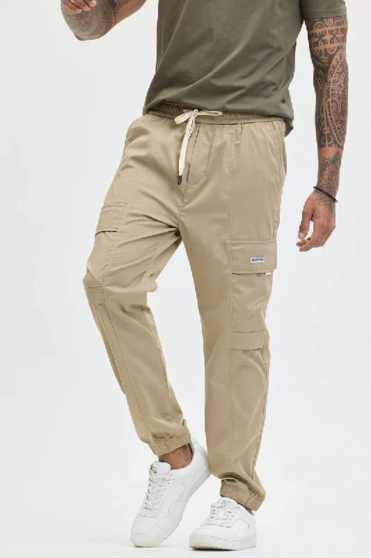 Cargo Pants with Zippered Pockets for Security -Beige Slim Fit Cargo