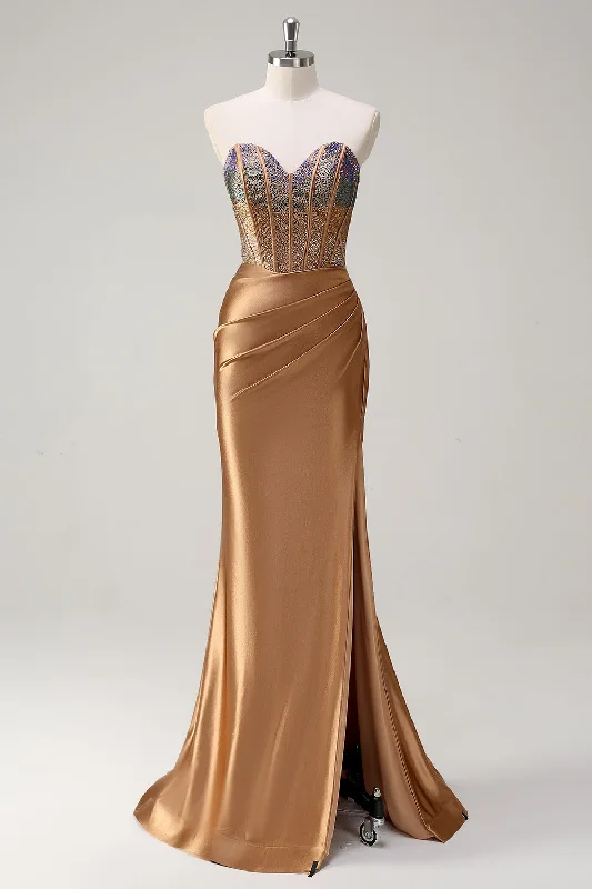 Work Dresses for Professional -Brown Sweetheart Beaded Mermaid Satin Prom Dress with Slit