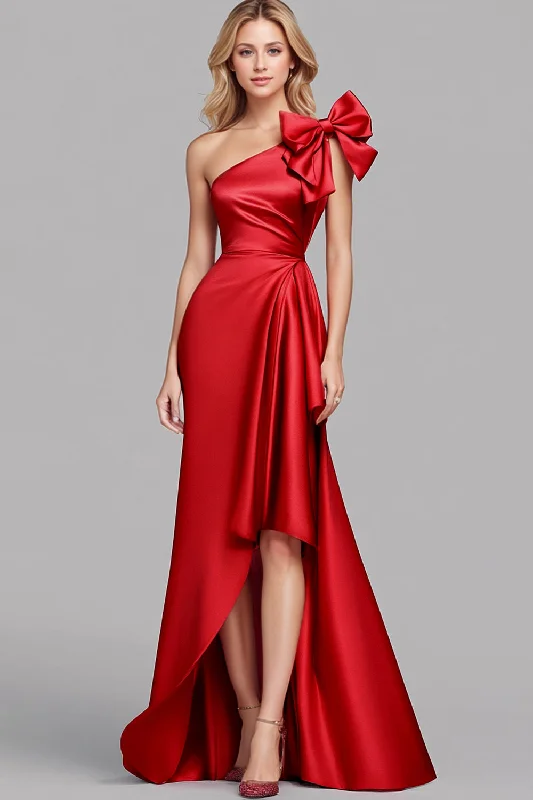 Halter Dresses for Chic Style -Red One Shoulder Satin Mermaid Long Formal Dress with Bow