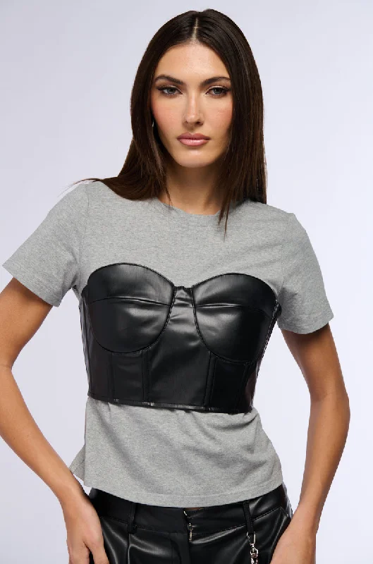 Blue Blouses for Classic -GOT ME TWISTED T SHIRT WITH FAUX LEATHER CORSET DETAIL