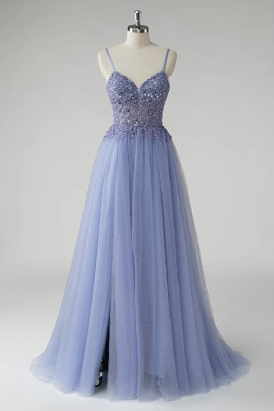 Ruffled Dresses for Girly -Sparkly Grey Blue A Line Tulle Prom Dress with Slit