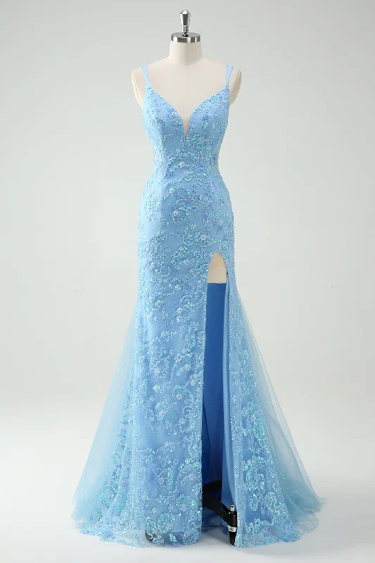 Indian Dresses with Intricacy -Sky Blue Mermaid Spaghetti Straps Appliqued Long Prom Dress with Slit