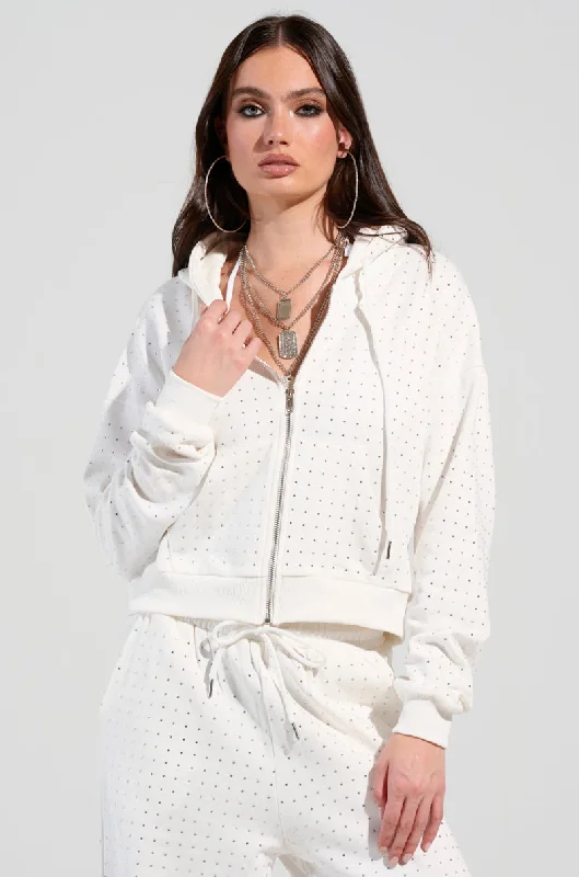 Linen Blouses for Breathable -BUBBLES RHINESTONE EMBELLISHED ZIP UP SWEATSHIRT IN WHITE