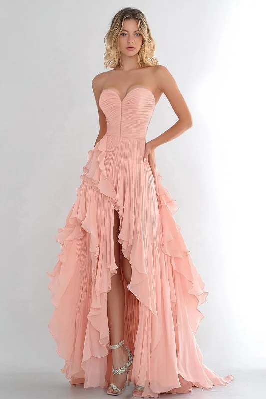 Wedding Dresses for Bridal Look -Pink A Line Chiffon Ruffled Long Prom Dress