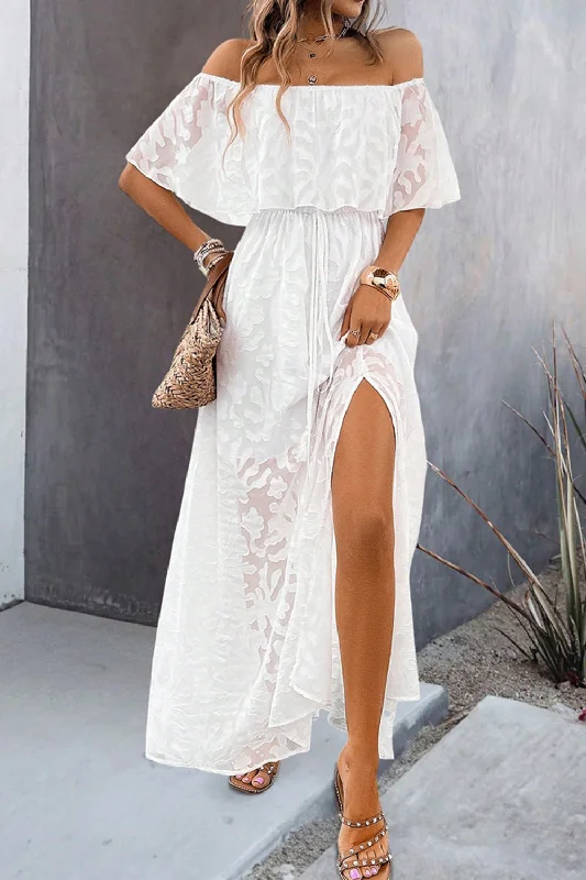 Sequined Dresses for Sparkle -White A Line Off The Shoulder Ruffle Sleeve Wedding Guest Dress