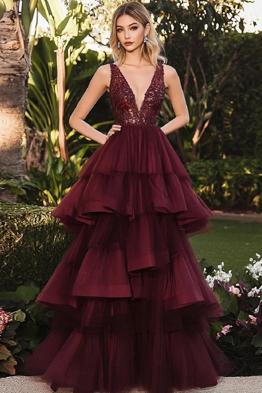 White Dresses for Pure Look -Deep V Neck Burgundy 3 Tiered Layers Floor Length Formal Dress