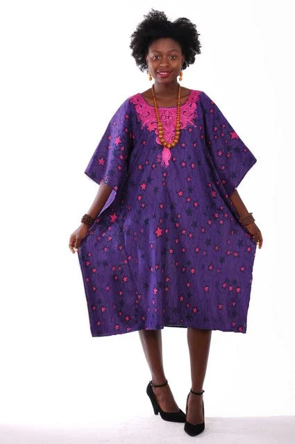 Mother's Day Dresses for Gift -Purple Fuchsia African Print Dress Embroidered Neckline-DP3489