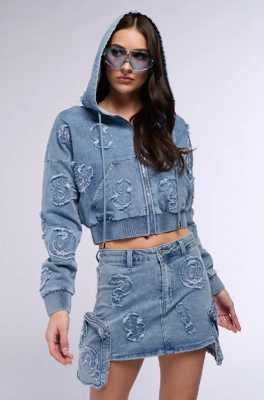 Chiffon Blouses for Feminine -MONEY SIGNS DENIM FRONT ZIP SWEATSHIRT