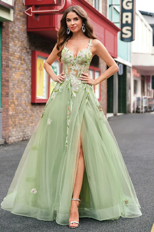 Office Dresses for Business -Green A Line Tulle Sequin Applique Corset Long Prom Dress with Slit