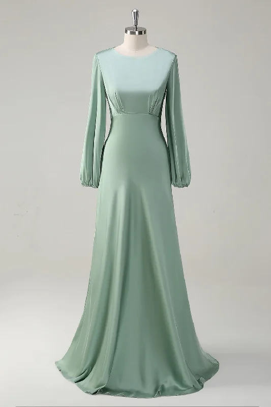 Contemporary Dresses for Fashion -A Line Round Neck Long Sleeves Sage Bridesmaid Dress