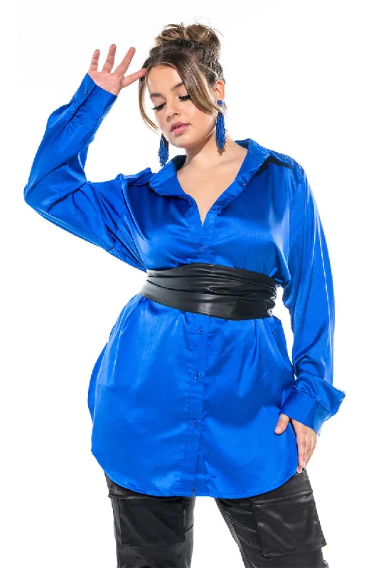 Push Back Blouses for Convenience -READY FOR ANY OCCASION SATIN SHIRT PLUS SIZE ROYAL BLUE