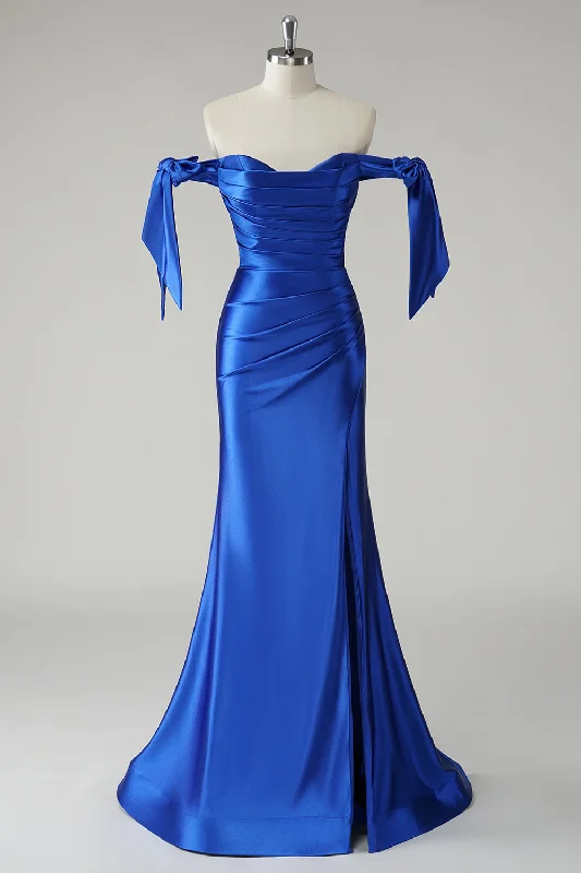 Belted Dresses for Shaping -Royal Blue Mermaid Off the Shoulder Pleated Prom Dress