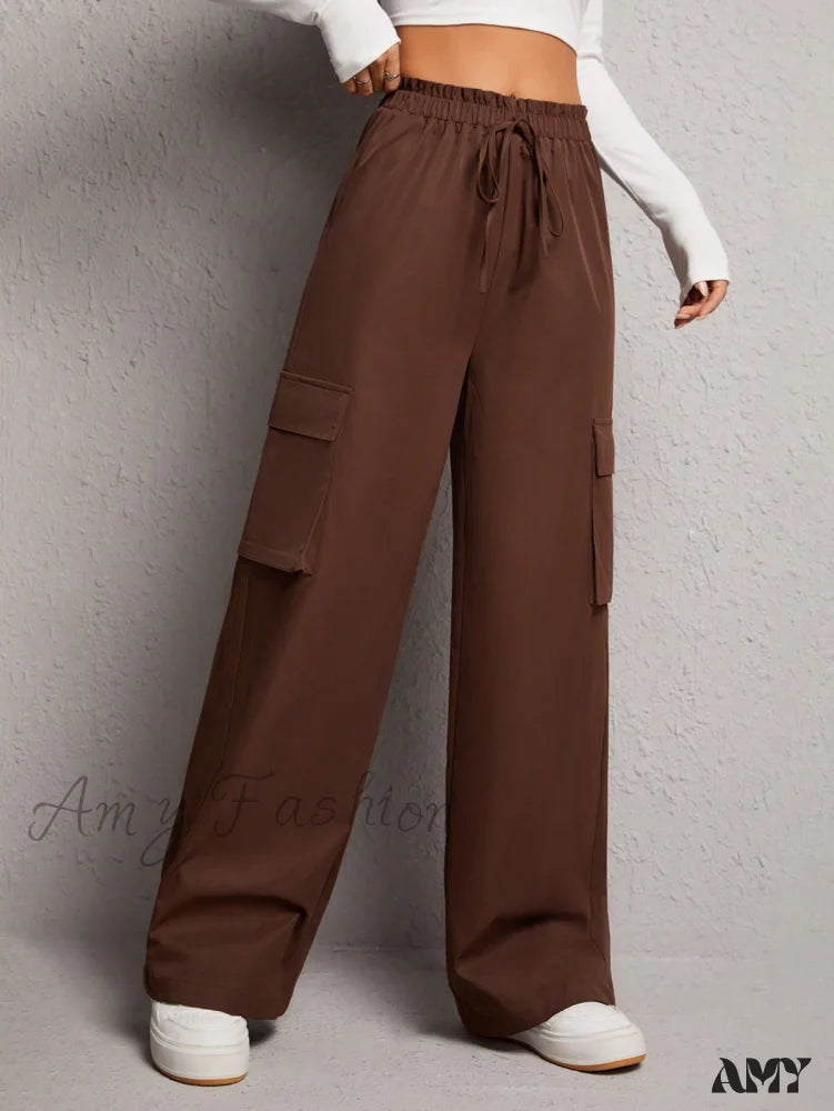 Denim Cargo Pants for Urban Streetwear -Amy Fashion - Flap Pocket Side Drawstring Waist Cargo Pants