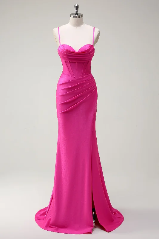 Christmas Dresses for Holiday -Fuchsia Spaghetti Straps Mermaid Long Prom Dress with Slit