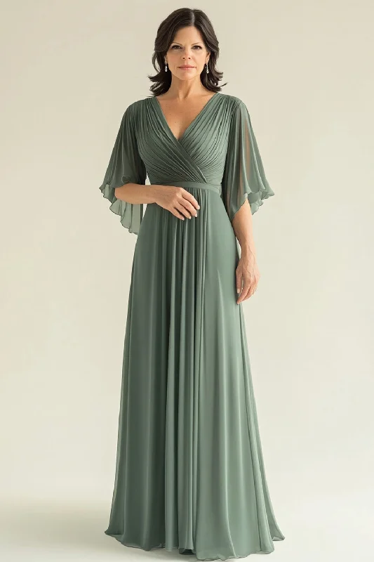 Silk Dresses for Luxurious -Agave Chiffon Pleated Flare Sleeves V Neck Mother of The Bride Dress