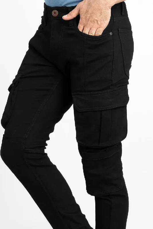 Cargo Pants with Cargo Pockets on Thighs -Super Skinny Jet Black Cargo Denim