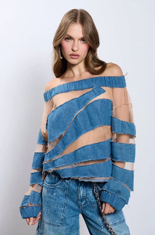 Blue Blouses for Classic -I SPY DENIM PATCHWORK OVERSIZED SHIRT