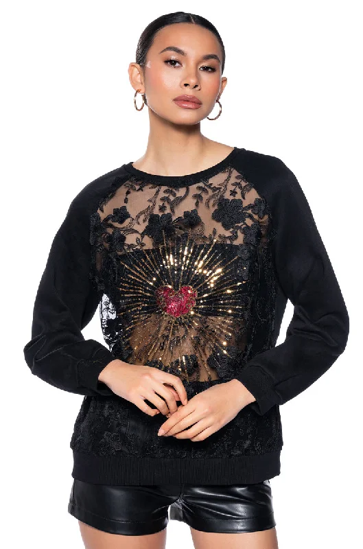 Casual Shirts for Everyday -QUEEN OF HEARTS LACE DETAIL PULL OVER SWEATSHIRT