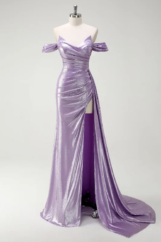 Sleeveless Dresses for Coolness -Sparkly Off The Shoulder Lilac Ruched Side Cape Prom Dress with Slit