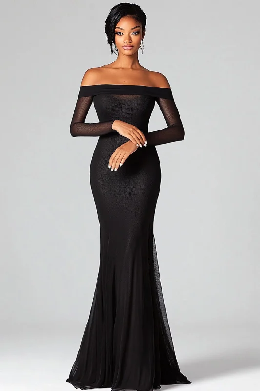 Brown Dresses for Earthy -Black Sheath Off The Shoulder Mesh Formal Dress