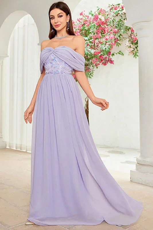 Midi Dresses for Versatile Wear -Off The Shoulder Grey Purple Floral Long Prom Dress