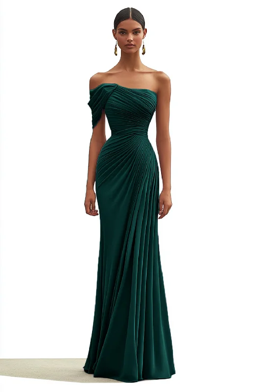 One-shoulder Dresses for Trendy -Mermaid Dark Green One Shoulder Pleated Long Formal Dress