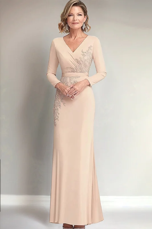 Studded Dresses for Statement -Beige Sheath V-neck Long Sleeves Mother of the Bride Dress with Appliques