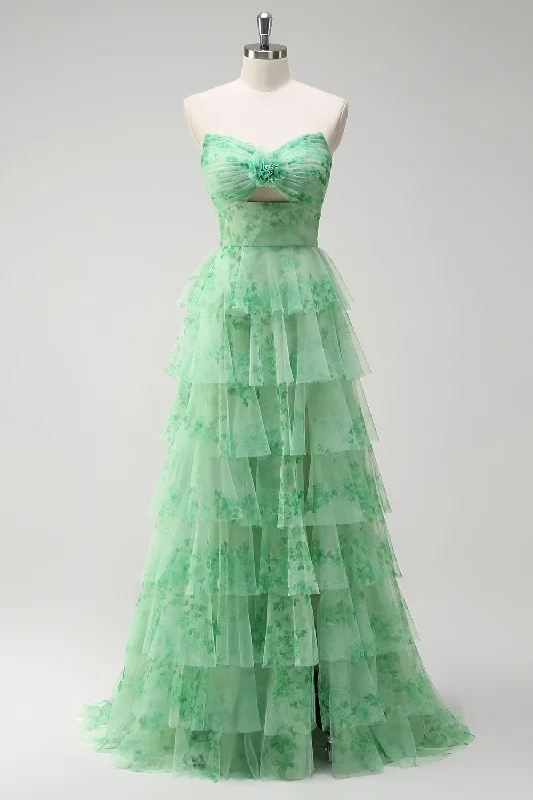 Silk Dresses for Luxurious -Floral Green A Line Strapless Ruffles Long Prom Dress with Slit