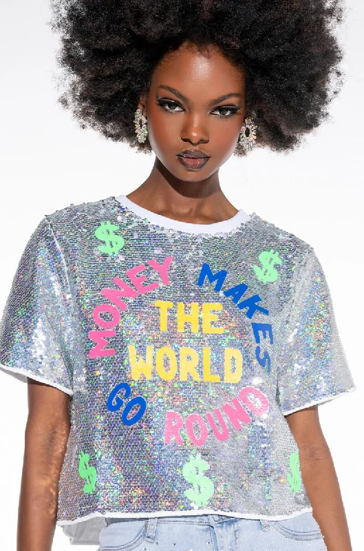 Double Blouses for Layered -MONEY MAKE THE WORLD GO ROUND SEQUIN CROPPED SHIRT