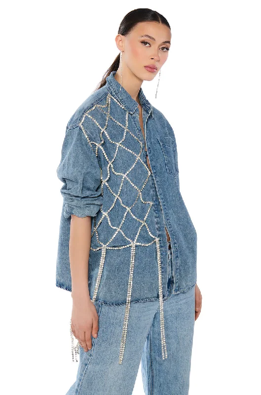 Denim Shirts for Stylish -BLING RING RHINESTONE FRINGE BUTTON DOWN DENIM SHIRT