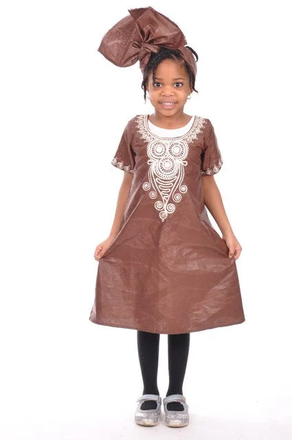 Evening Dresses for Formal Events -Brown Brocade Girls Dress with Beige Embroidery-DPC3334