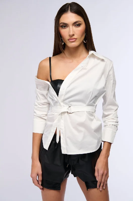 Red Blouses for Statement -PEEK A BOO BUSTIER POPLIN SHIRT