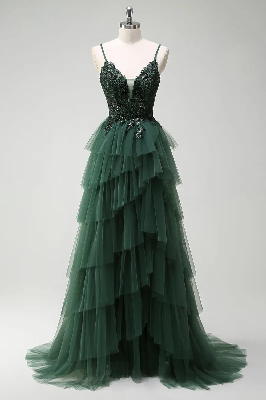 Low-waisted Dresses for Relaxed -Sparkly Dark Green A-Line Corset Ruffles Appliqued Long Prom Dress with Slit