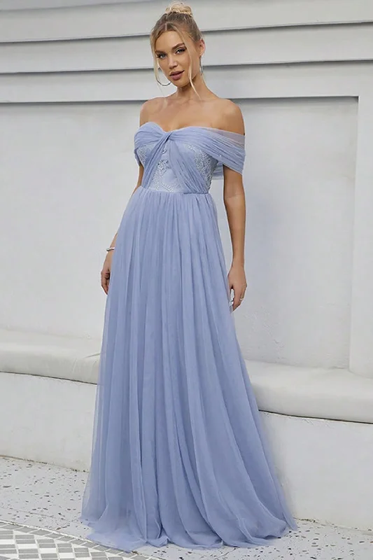 Striped Dresses for Fashionable -Blue Tulle Off the Shoulder A Line Formal Dress