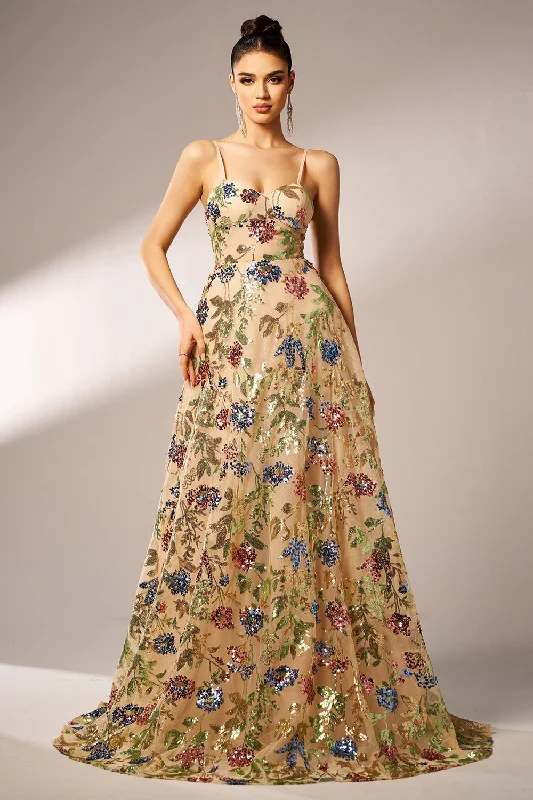 Shift Dresses for Simple Look -Sparkly Floral Apricot A-Line Long Prom Dress