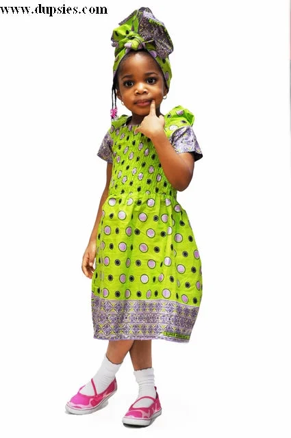 Geometric Dresses for Modern -Green and Lilac African Print Smocked Dress for Girls-DPCAR40