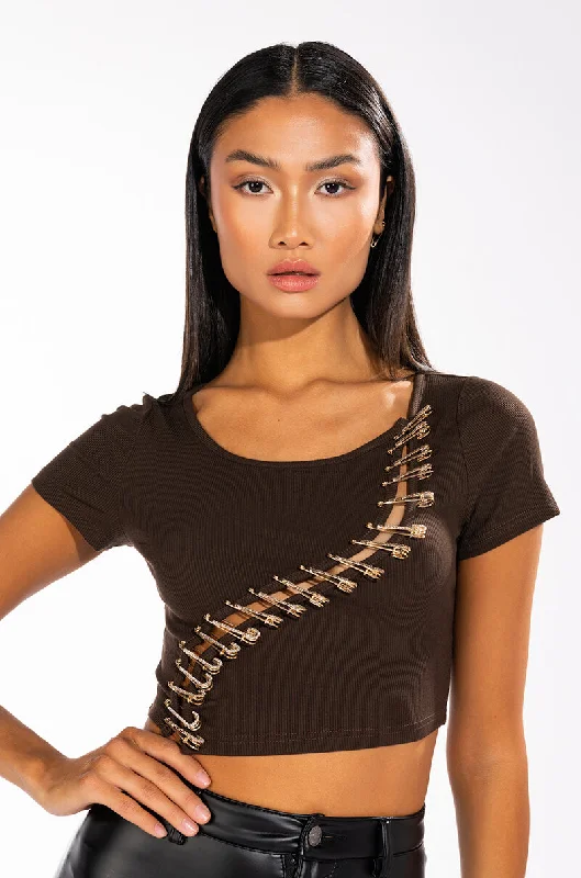 Tarnish Resistant Blouses for Long -GOLD PINNED TSHIRT DARK BROWN