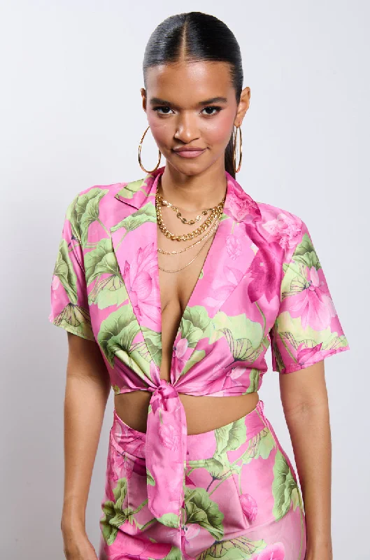 Green Blouses for Nature -CATCH ME IN MIAMI PRINTED SATIN SHIRT