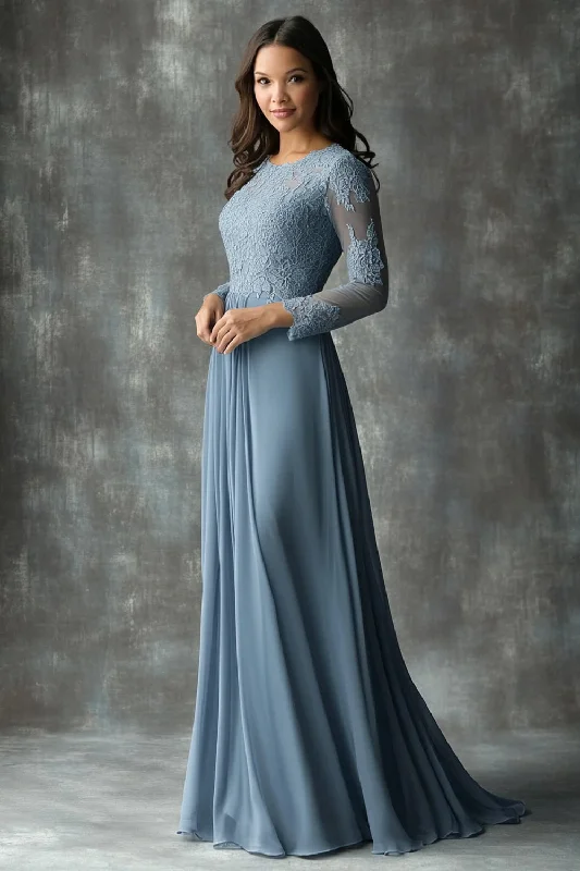 Cotton Dresses for Comfort -Dusty Blue Appliques Sheath Boat Neck Mother of The Bride Dress