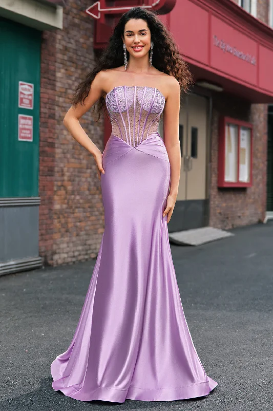 Celtic Dresses with Knotwork -Purple Beaded Mermaid Corset Strapless Long Prom Dress